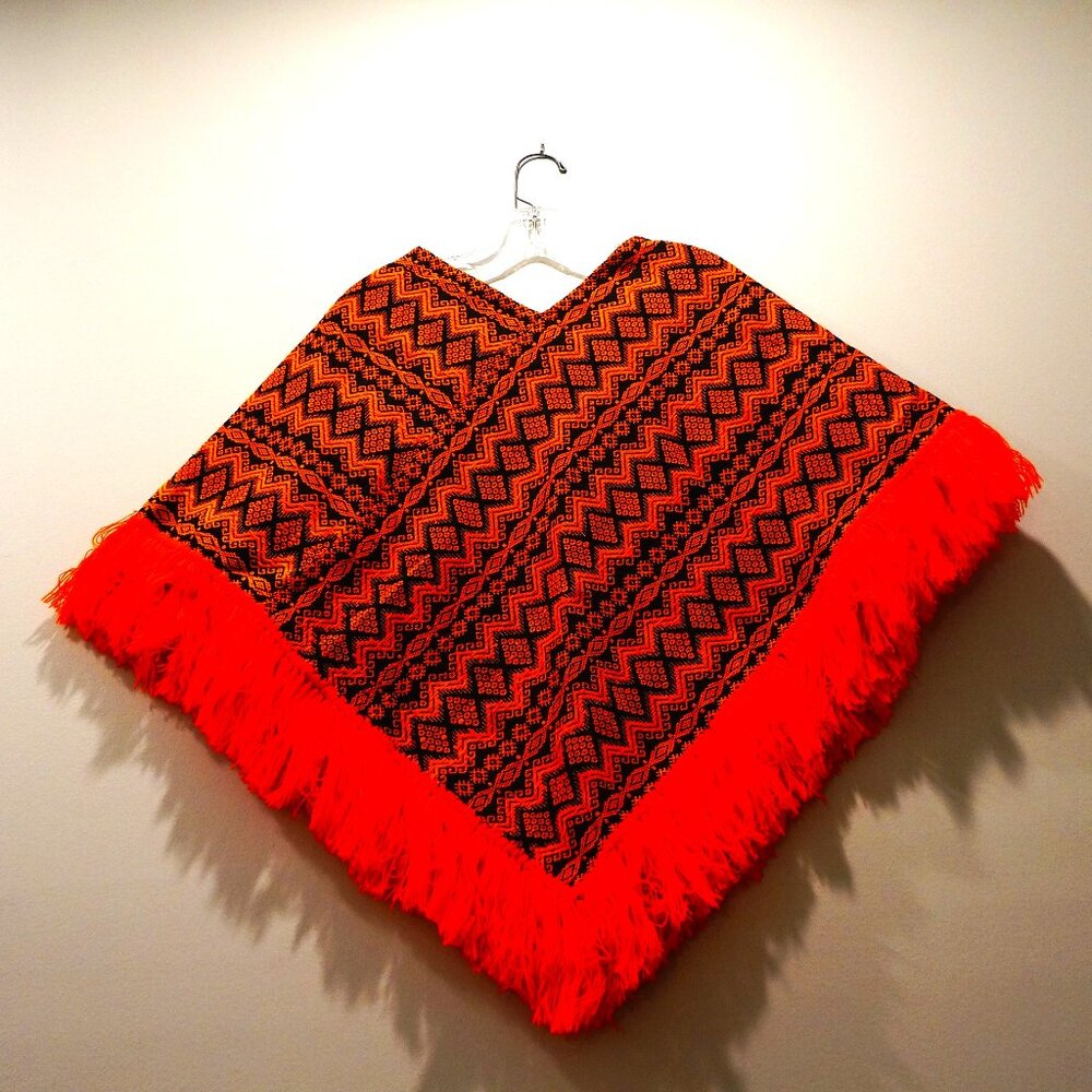 1960s Vintage Orange & Black Poncho Tribal Diamond Pattern